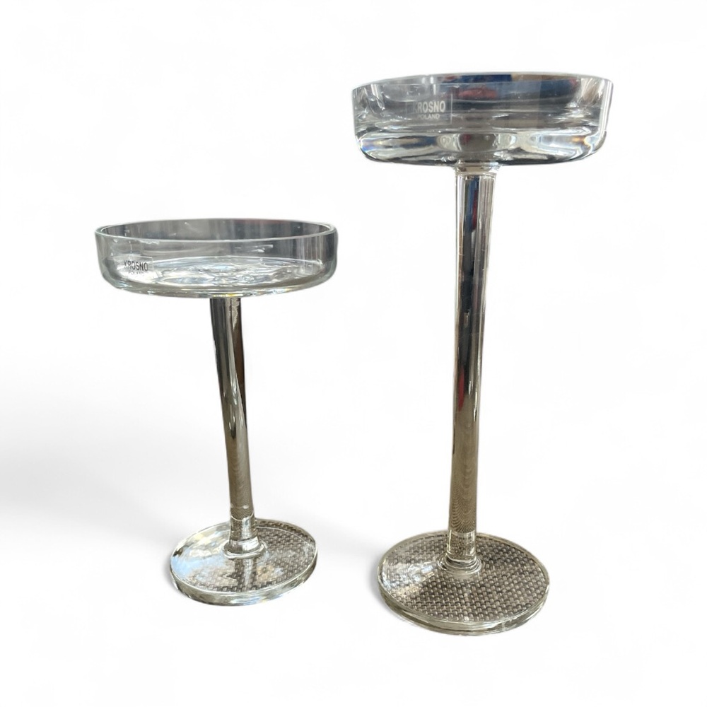Crate & Barrel Krosno Glass Candle Holders Set Clear Polish Glass 8in 6in